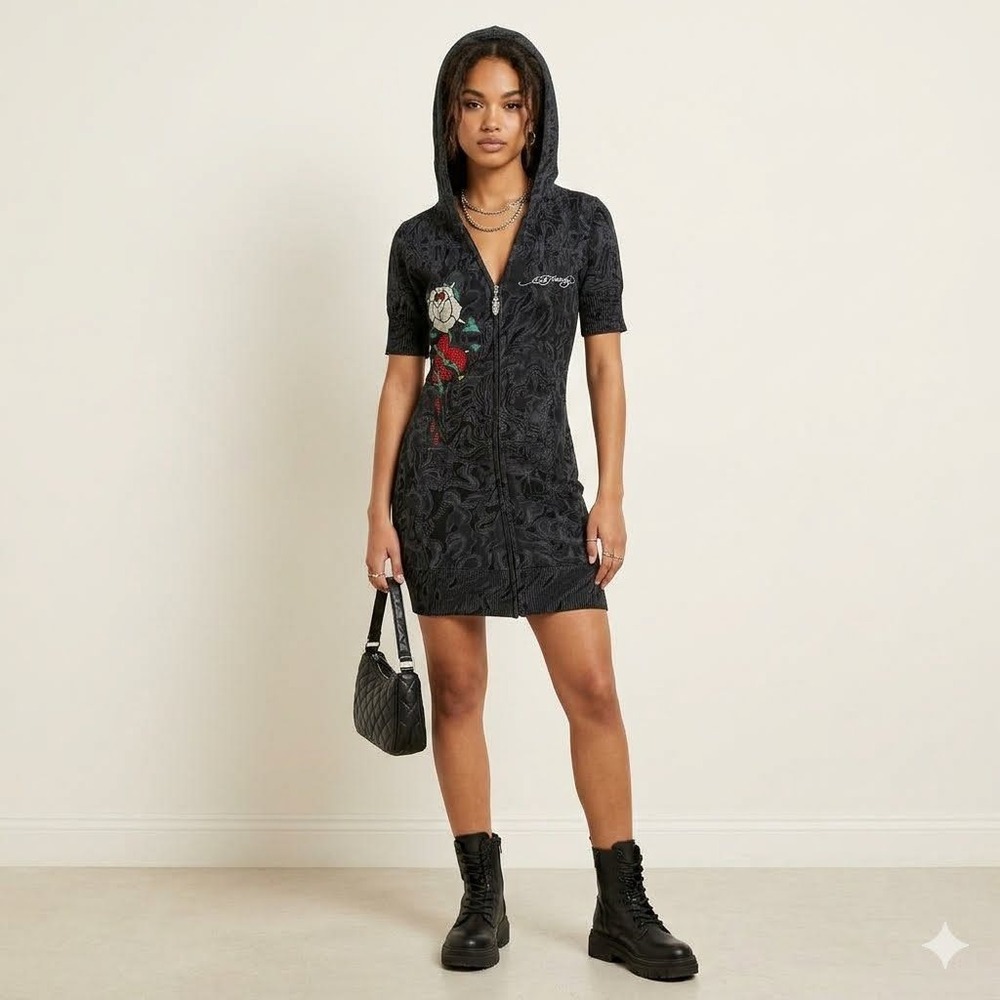 Ed Hardy Christian Audigier Womens Skull Rose Zip Up Hoodie Dress Black Small